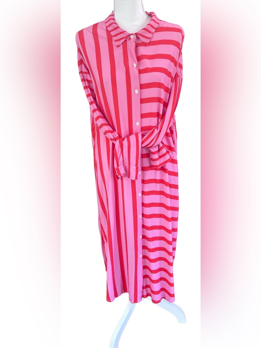 Rayon Red and Pink Striped Button-Front Dress